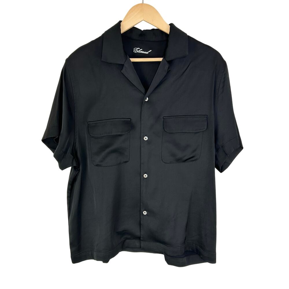Elwood Short Sleeve Satin Button-up Bowling Shirt in‎ Black Size Small